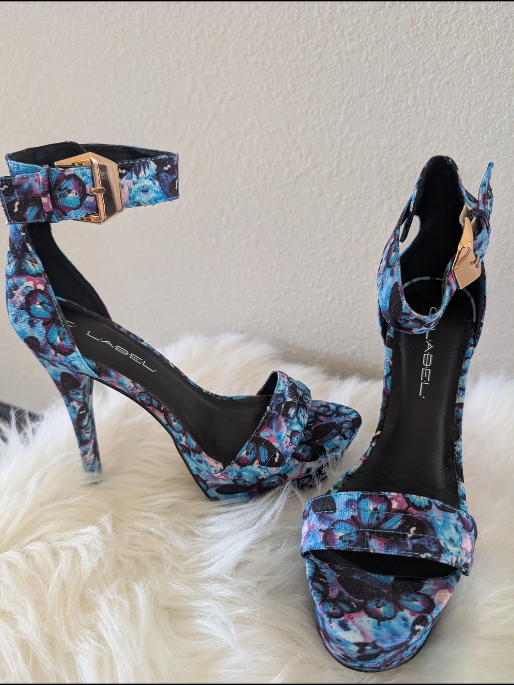 C Label Blue Floral Ankle-Strap Stiletto Sandals